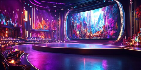 Futuristic Auditorium with Vibrant Digital Display in a Sci-Fi Setting