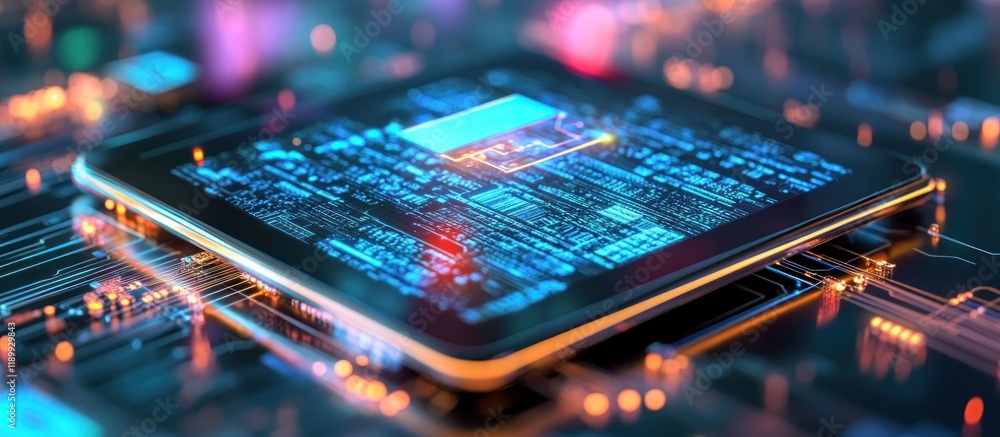 Poster close-up of a glowing microprocessor on a circuit board.