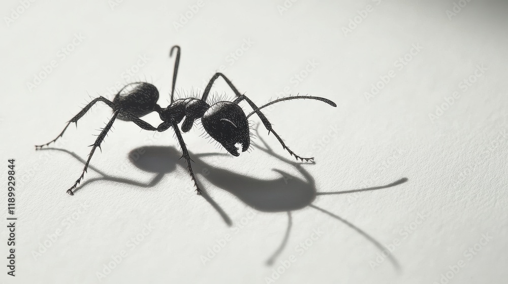 Poster macro view of ant casting shadow on white surface in natural light