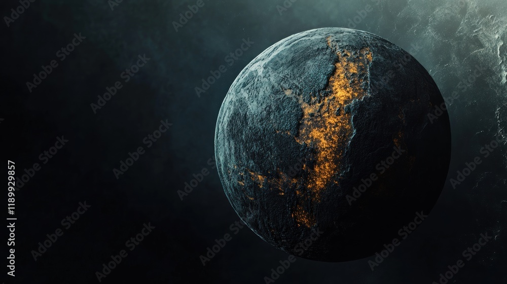 Poster glowing core of a desolate planet in the dark vastness of space: a digital art representation