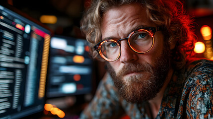 A man with a beard and glasses focused on multiple computer screens. Suitable for technology, work, coding, and concentration concepts.
