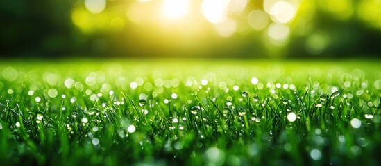 Obraz premium Dew drops on lush green grass at sunrise.