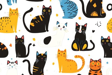A vibrant vector set of cute and funny cat doodles, with cartoon kittens in various poses, featuring flat colors and different purebred cats on a clean white background