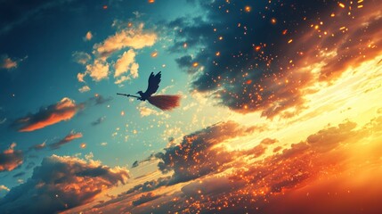 Silhouette of witch flying on a broomstick at sunset with magical sparks.