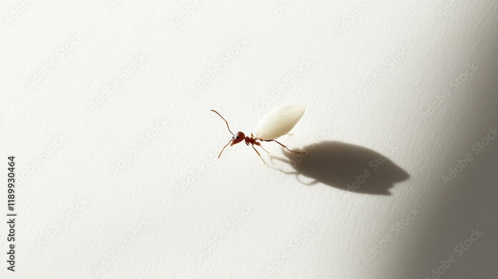 Poster close-up of an ant crawling on a white surface with soft shadow