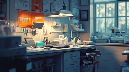 Evening view of a dentist's office, showing equipment and tools on a desk.