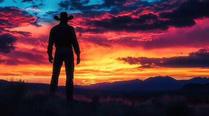 Obraz premium Cowboy silhouette at sunset, dramatic sky, mountains.