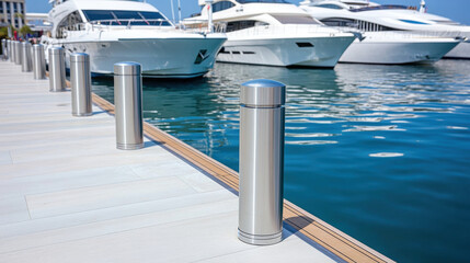 Modern marina with floating bollards and luxurious yachts docked nearby