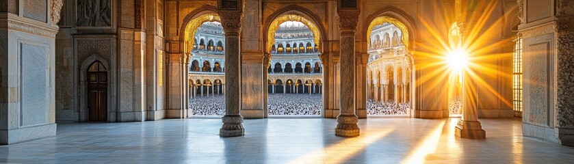 Fototapeta premium Sunlight Streaming Through Historic Arches in Majestic Courtyard