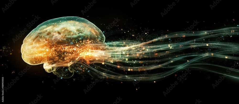 Poster glowing jellyfish with sparkling tentacles in dark space.