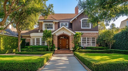 A charming two-story house with a landscaped garden and symmetrical design.