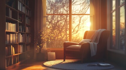 Cozy reading nook with armchair, bookshelves, and sunset view.