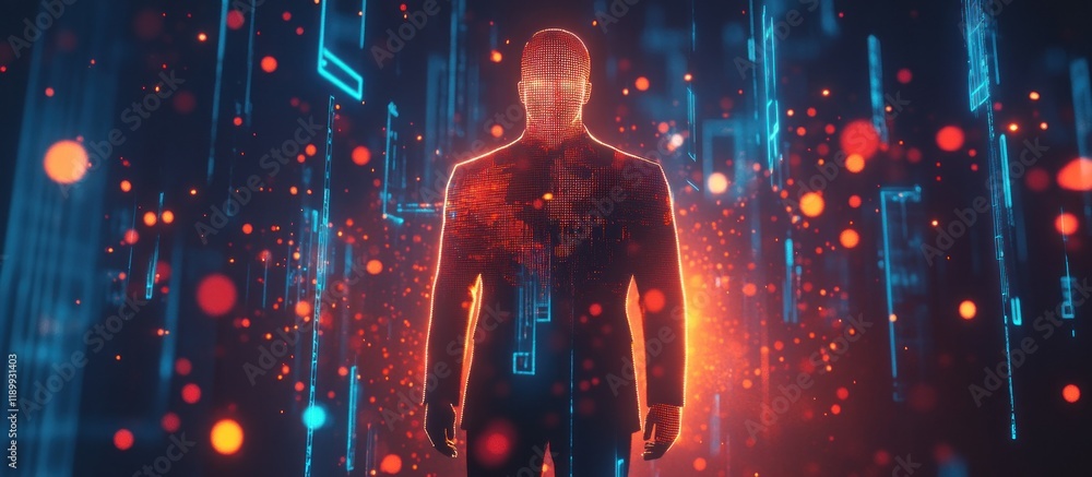 Poster futuristic man dissolving into digital code.