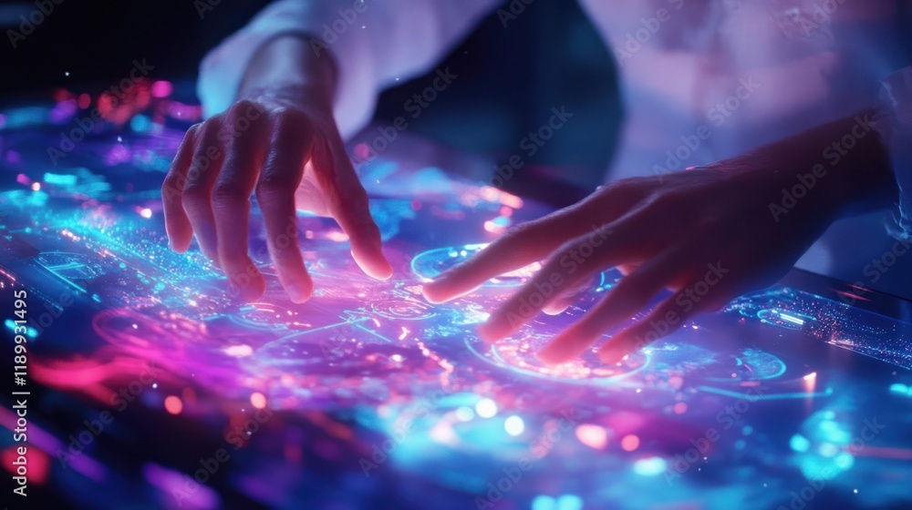 Poster hands interacting with a futuristic holographic interface.