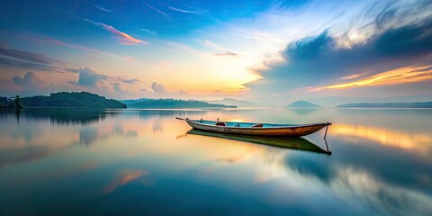 Kaptai Lake Bangladesh: Long Exposure Photography of Solitary Boat, Serene Waterscape, Calm Lake, Isolated Vessel