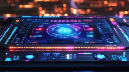 Obraz premium Futuristic interface screen with glowing neon lights and digital data.