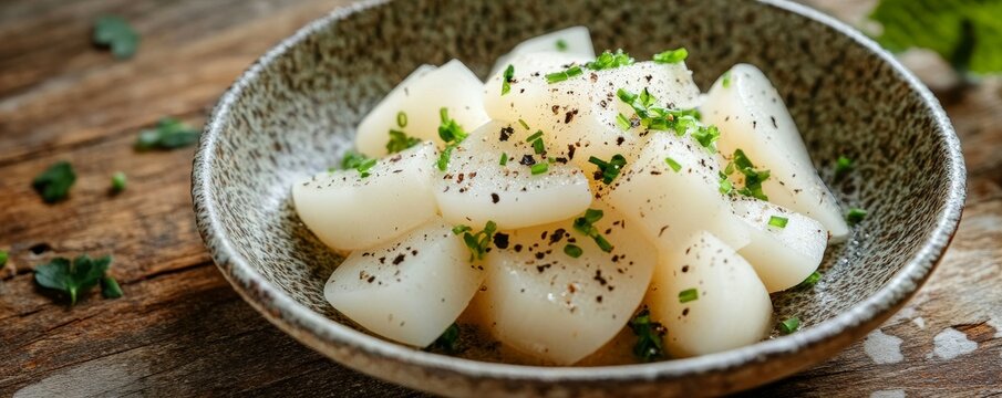 close-up of cubed daikon radish in bowl, white raddish cuts