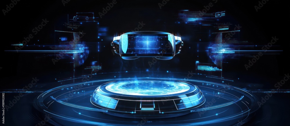 Poster futuristic vr headset levitating above a glowing platform with digital interface elements.