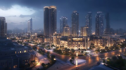 Obraz premium Nighttime cityscape showcasing modern architecture and urban design