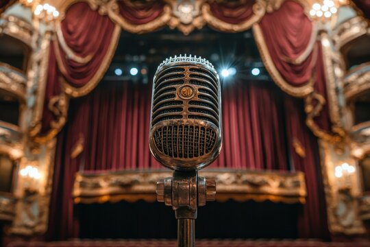 Vintage Microphone on Stage at a Theater - Powered by Adobe