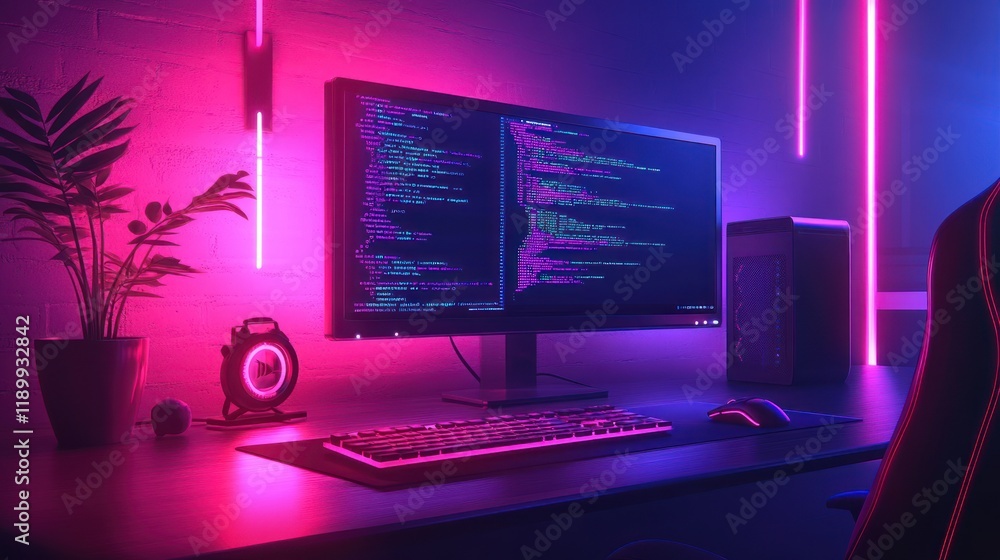 Poster neon-lit gaming setup with coding screen.