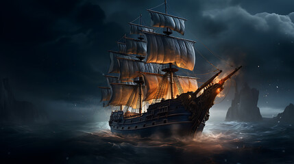 Naklejka premium Night sailing, wallpaper, a large junk ship floating in the middle of the water at night.