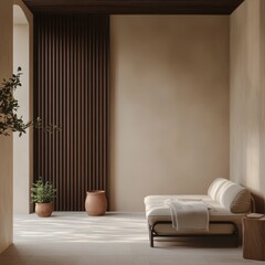 A serene, minimalist interior featuring earthy tones, a comfortable couch, potted plants, and textured wooden panels, creating a calming atmosphere.