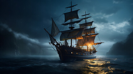 Fototapeta premium Night sailing, wallpaper, a large junk ship floating in the middle of the water at night.