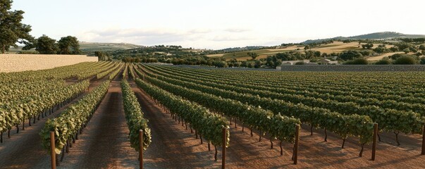 Fototapeta premium Sunlit Vineyard Landscape with Rolling Hills in the Background