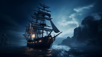 Fototapeta premium Night sailing, wallpaper, a large junk ship floating in the middle of the water at night.