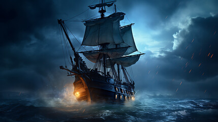 Obraz premium Night sailing, wallpaper, a large junk ship floating in the middle of the water at night.