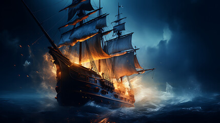 Night sailing, wallpaper, a large junk ship floating in the middle of the water at night.