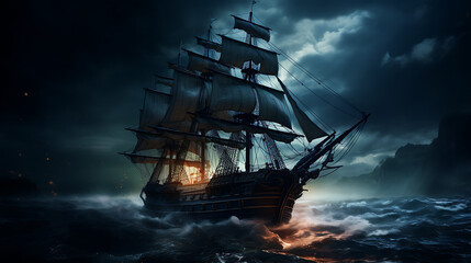 Obraz premium Night sailing, wallpaper, a large junk ship floating in the middle of the water at night.