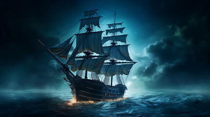 Night sailing, wallpaper, a large junk ship floating in the middle of the water at night.
