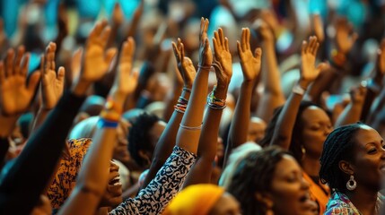 Diverse crowd of people raising hands in celebration.