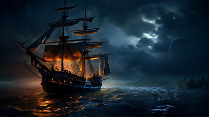Night sailing, wallpaper, a large junk ship floating in the middle of the water at night.