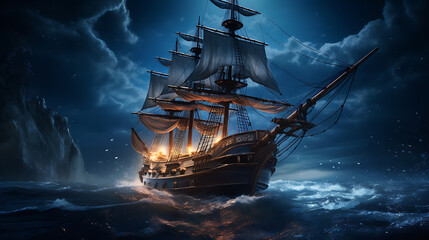 Fototapeta premium Night sailing, wallpaper, a large junk ship floating in the middle of the water at night.