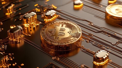 A close-up view of a Bitcoin coin on a circuit board, representing cryptocurrency and digital finance technology.
