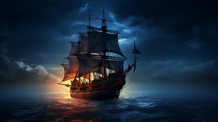 Night sailing, wallpaper, a large junk ship floating in the middle of the water at night.