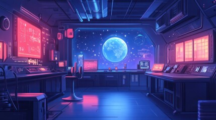 Futuristic spaceship control room with Earth view.