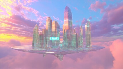 Futuristic city floating on clouds at sunset. (2)