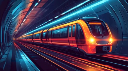 Fototapeta premium Futuristic high-speed train speeding through a neon-lit subway tunnel.