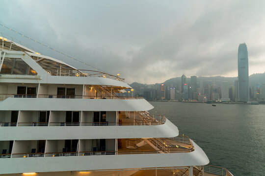 Hong Kong, China - February 02, 2019: the Asuka II, a luxury cruise ship owned by NYK Cruises and known for its high level of service and comfort, docked at Ocean Terminal, Harbour City, Hong Kong.