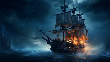 Night sailing, wallpaper, a large junk ship floating in the middle of the water at night.