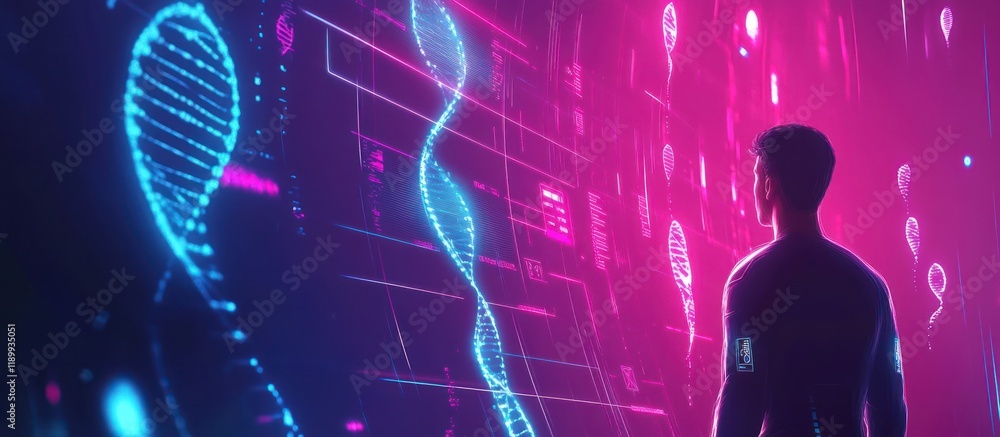 Poster man observing futuristic dna data visualization.