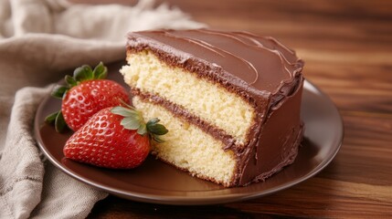 7.Slice of Cake with Chocolate Frosting and Strawberry on Plate