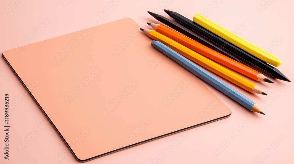 Poster a blank notepad accompanied by colorful pencils arranged neatly, ready for creativity and artistic e