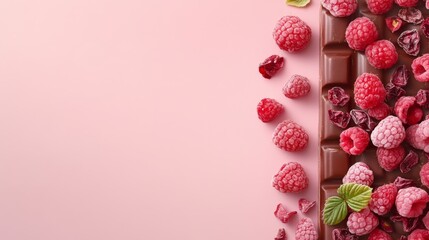 14.A chocolate bar topped with freeze-dried fruits including vibrant raspberries and strawberries, laid flat on a soft pink background with ample space for text.
