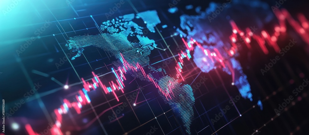 Poster global stock market trends visualized on a world map with rising and falling graphs.