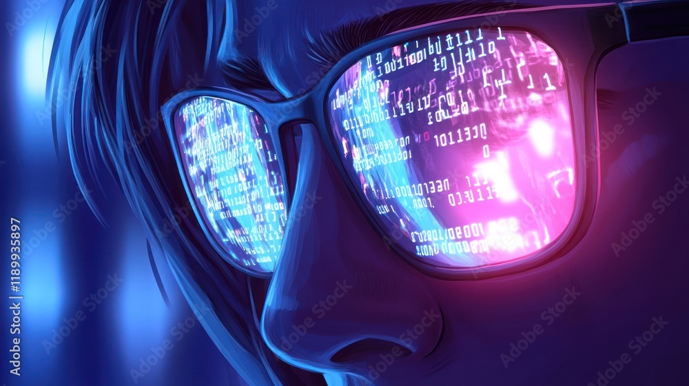 Poster close-up of woman's face with glasses reflecting binary code.